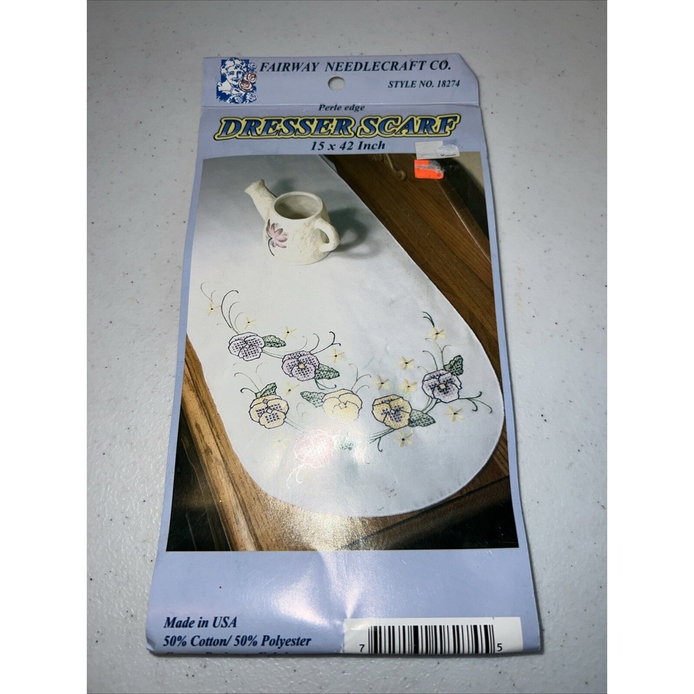 Fairway Needlecraft Stamped Dresser Scarf Runner To Embroider Pansy 18274 15x42"